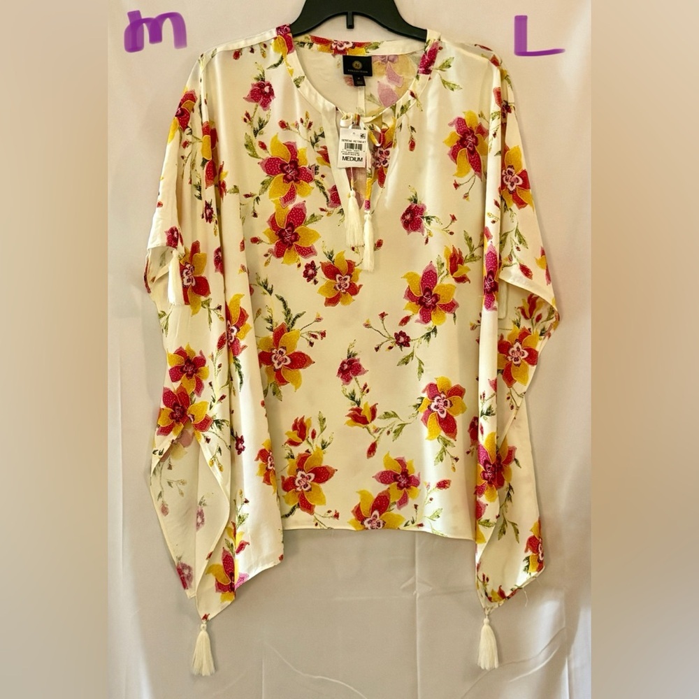 JM Collection Floral Blouse - Cream, Yellow, Pink